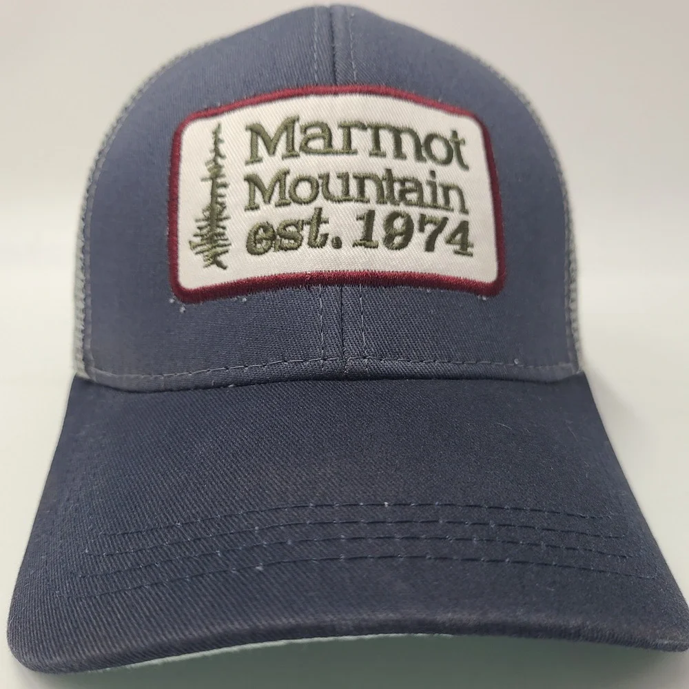Marmot Moutain Hat Snapback Trucker Mesh Blue Gray Est 1974 Patch Hiking Men